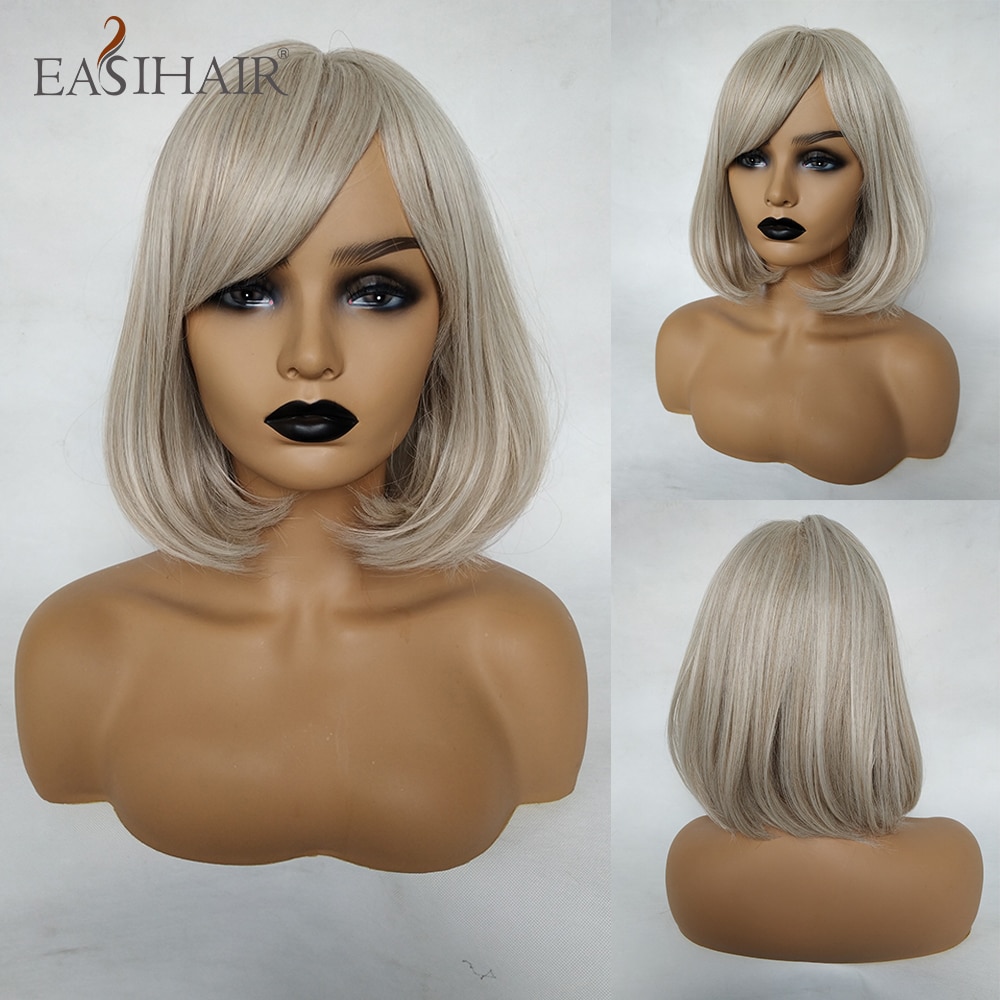 EASIHAIR Brown Ombre Bob Synthetic Wigs with Bangs for Women Medium Length Hair Bob Wig Wavy Heat Resistant Cosplay Wigs