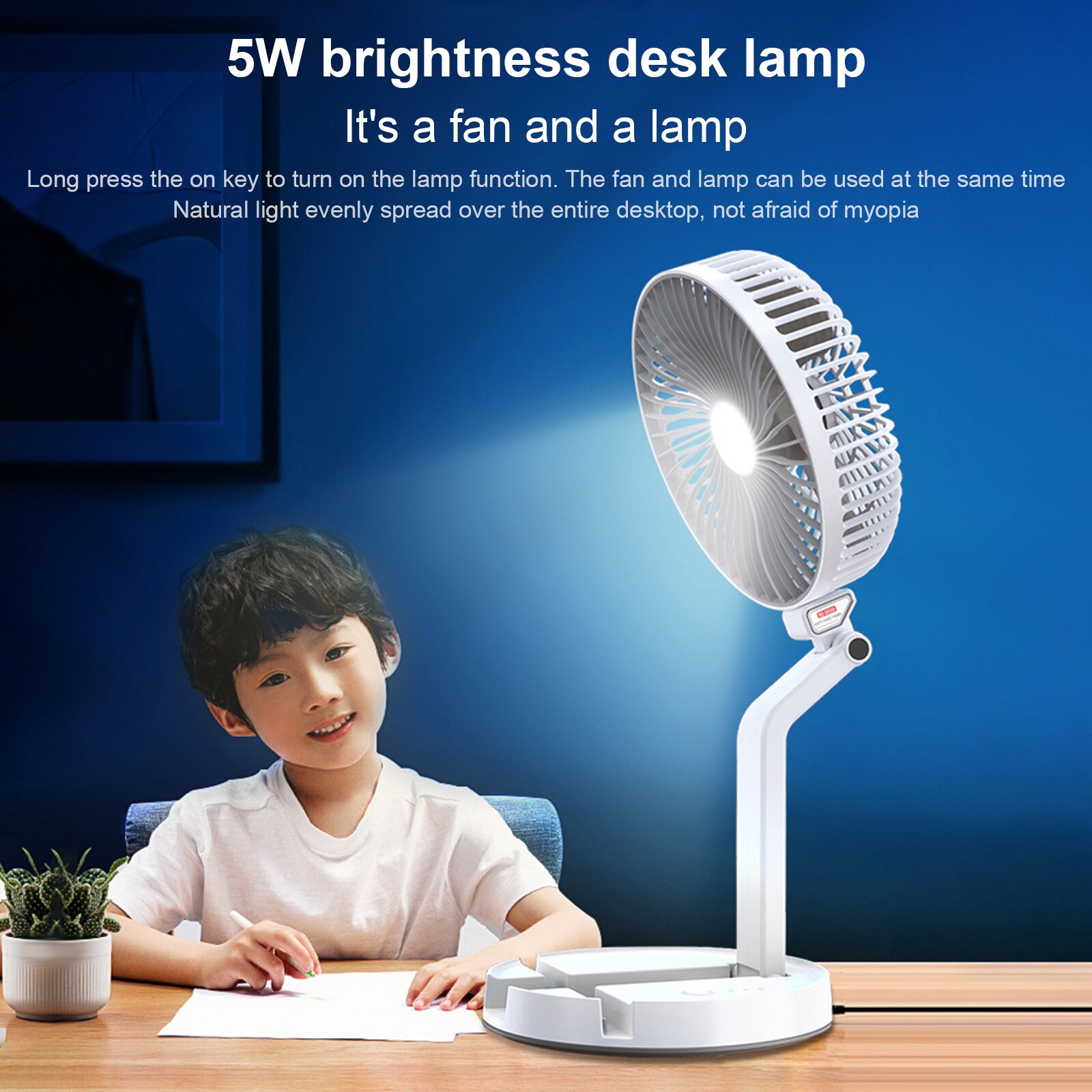Folding Fan Lamp - USB Rechargeable Telescopic Desk Fan - 7 Inch Wall-Mounted Desktop Fan