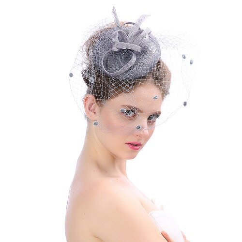 Tocados Sombreros para mujer Beige y negro, tocado de sombrero de boda, tocado de sombrero, tocado de malla para boda, accesorios nupciales: Grey with Mesh