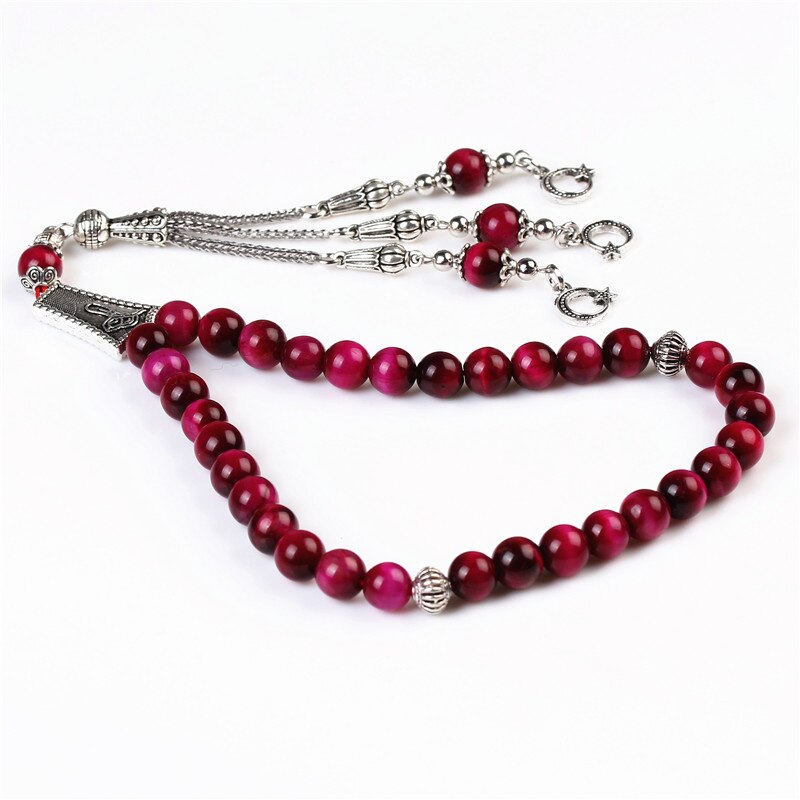 Losheren natural rosa tigre olho pedra borla 33 contas de oração muçulmano islâmico tasbih allah rosário meditação frisado pulseiras