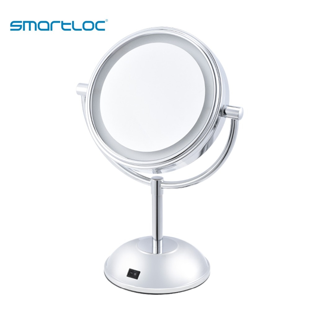 smartloc 2 Face Iron LED Lights Bathroom Stand Round Mirror Makeup 5X Magnifying Bath Make up Cosmetic Vanity Smart Wall