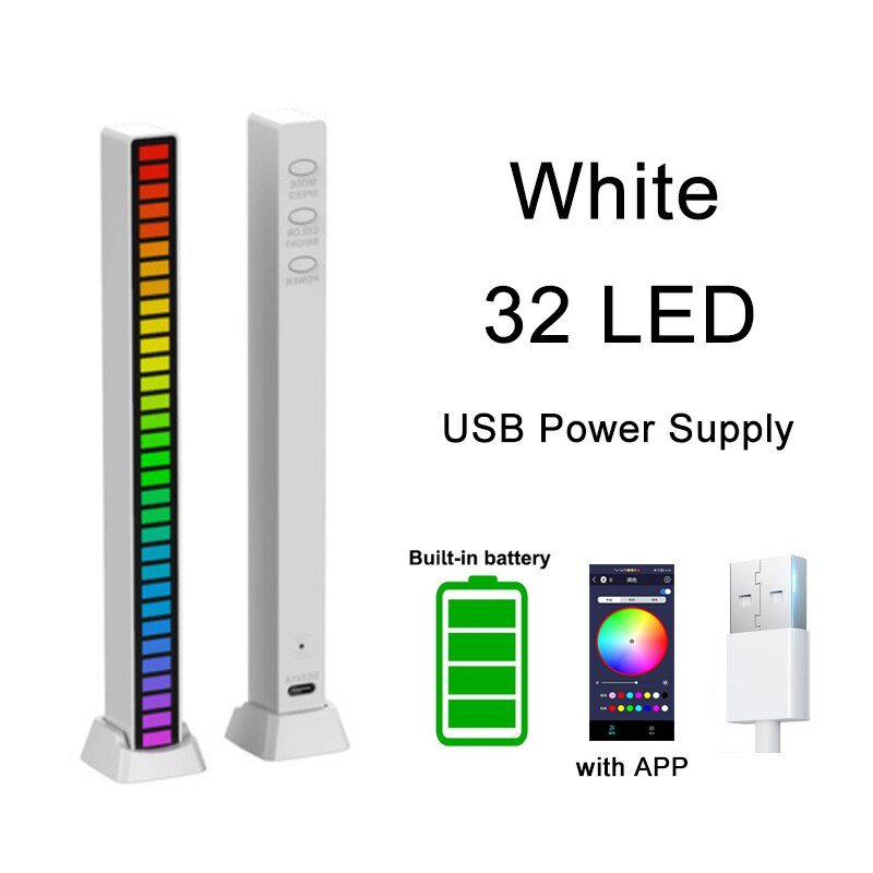 Lumières LED colorées de contrôle du son, rvb, contrôle par application, lumière de ramassage de rythme de musique, DJ Disco, voiture, TV, ordinateur de bureau, décoration: White battery APP