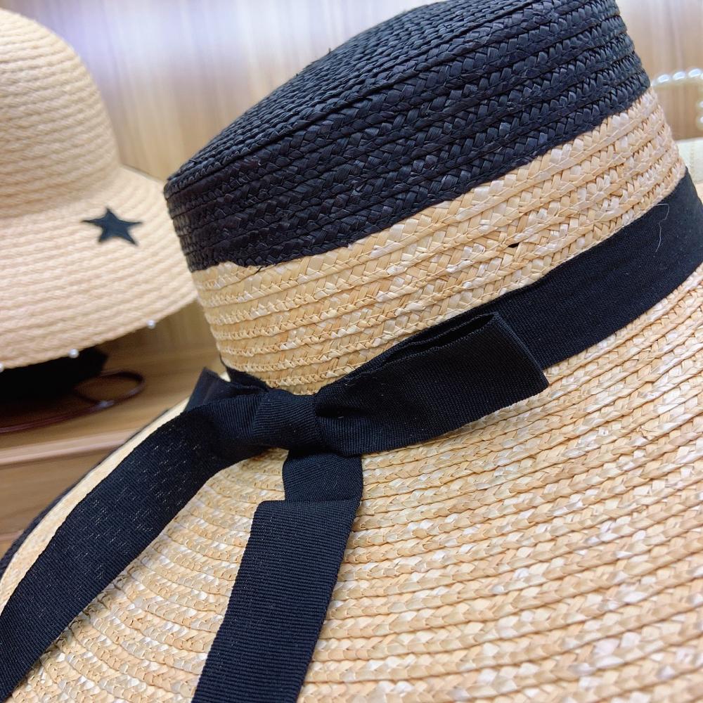 Sombrero de Sol de ala grande para dama, sombrero de paja de trigo de ala ancha, con lazo de cinta trenzada fina, color negro y beige, para playa, UPF50 +