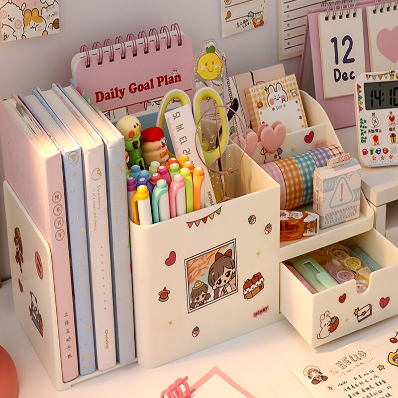 Cute Storage 3 In 1 School Multifunctional Desktop Box Pen Household Durable Plastic Stationery Storage Rack Drawer Organizer