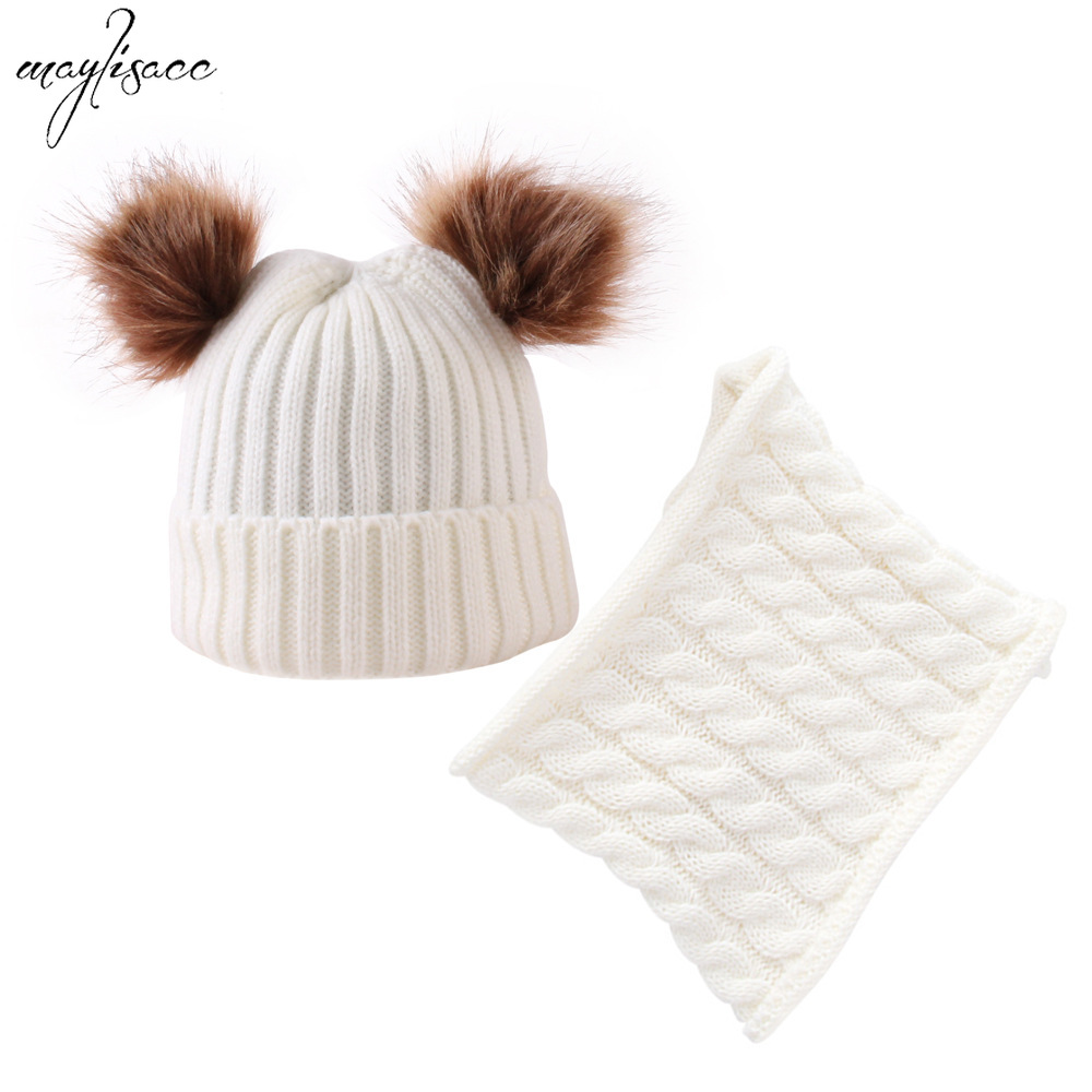 Maylisacc Autumn Winter Warm Hat Scarf Snood 2 Pcs Set for 1-4 years old children Boys and Girls Acrylic PomPoms Hats