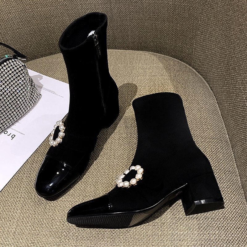 Høst damesko lakkstøvler med spisse tår vinterperle stretchstøvler glidelås kvinner svarte ankelsokkstøvler
