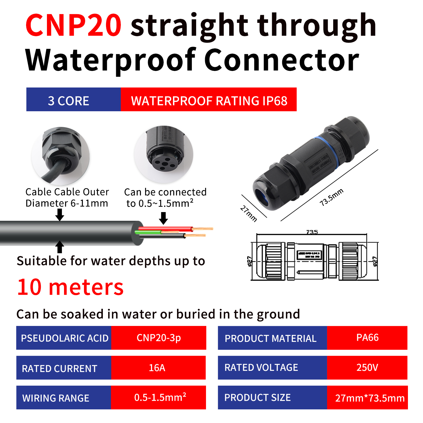 JINH IP68 CNP 20 waterdichte verbindingskabel snelkoppelingen aansluitbouten handig regendicht recht aanpassen draden blauw Pa66 16A: Rood