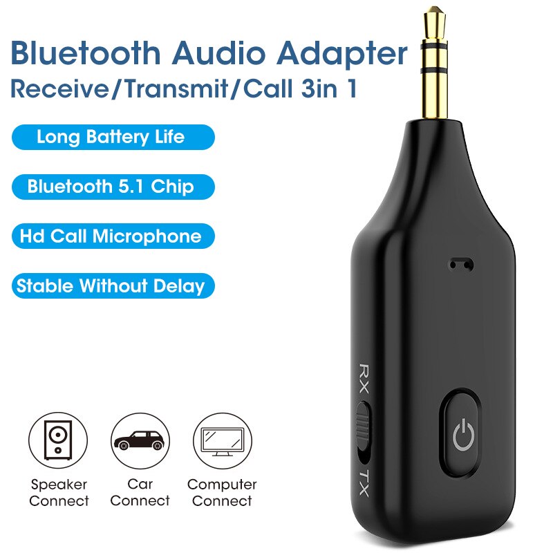 5.1 Bluetooth Receiver Transmitter 3- in-1 PC TV Wireless 3.5mm AUX Car Call Microphone Support Listening Hands-Free Navigation