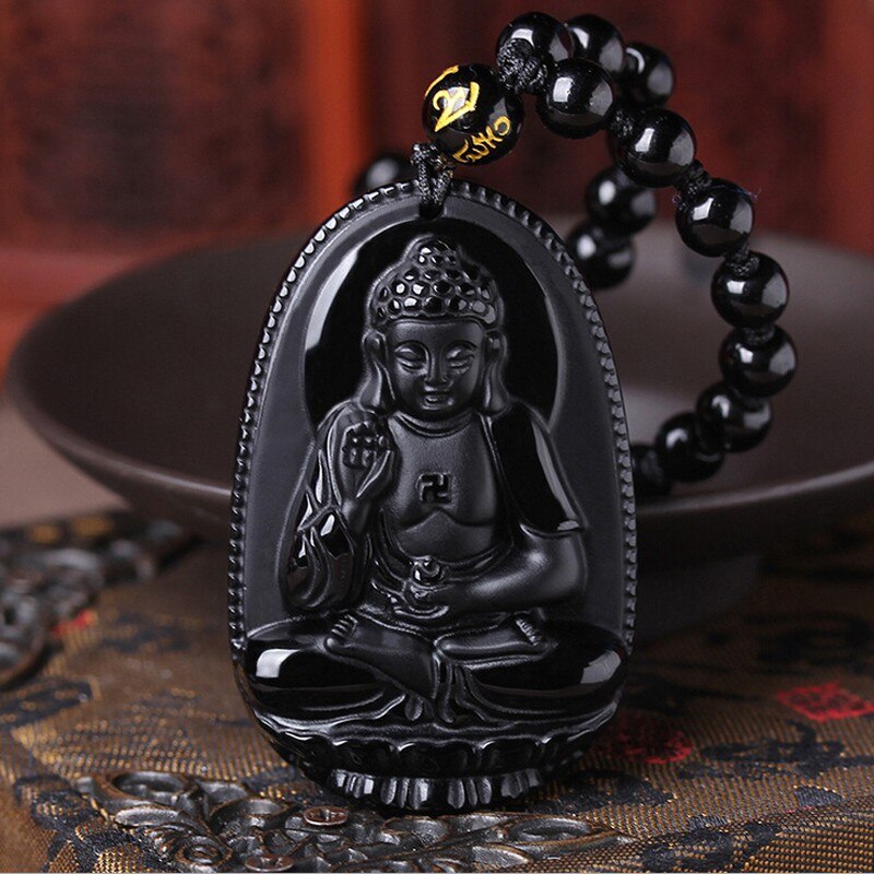 Pingente de buda obsidiana natural, colar de buda com miçangas e pingente de cabeça e pingente de buda para mulheres e homens