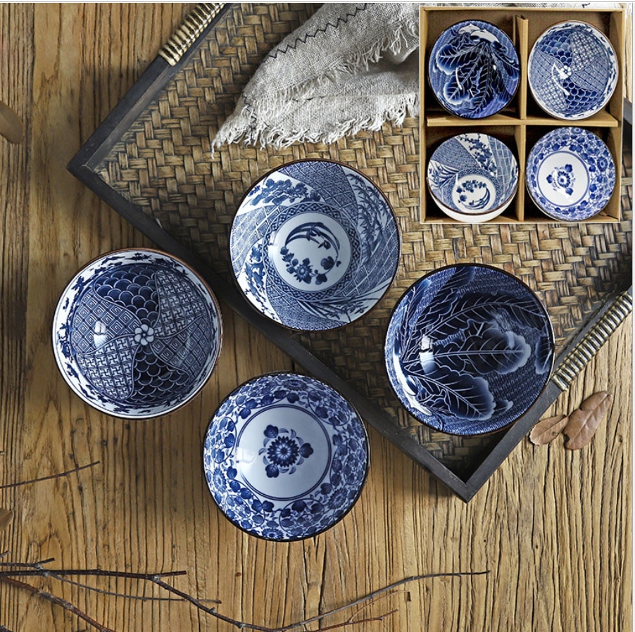 4pcs Ceramic chinese Style Plate Dish Shell Trumpet Shell Bowl Blue White Porcelain Dinnerware bowls ceramic bowl set