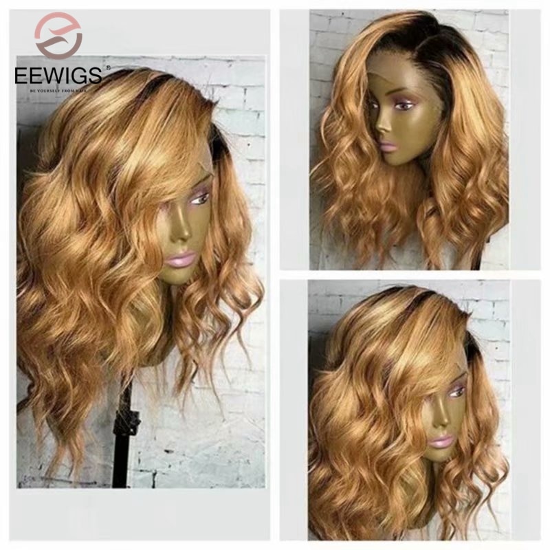Eewigs Hittebestendige Synthetische Lace Front Pruik Met Natuurlijke Haarlijn Blonde Ombre Pruik Lijmloze Korte Golvende Pruiken Voor Zwarte Vrouwen