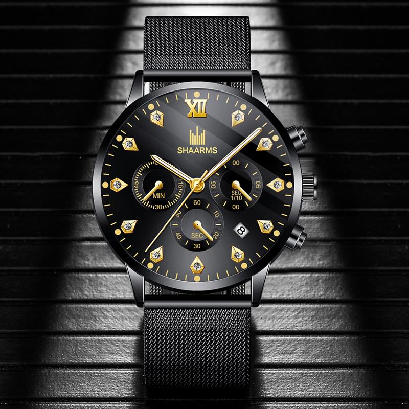 SHAARMS Men's Wristwatch Blue DialCasual Quartz Watch Stainless Steel Mesh Band Watch Date Clock Reloj Hombre