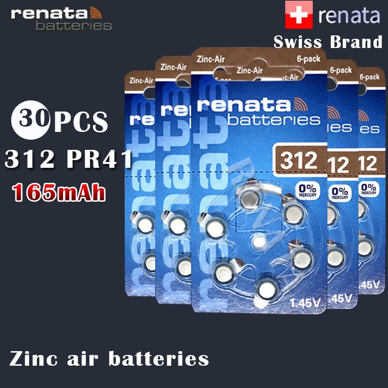 30Pcs Renata 312 1.45V 165Mah Zink-lucht Batterijen PR41 A312 Voor Gehoorapparaat Batterijen Button Coin Cell