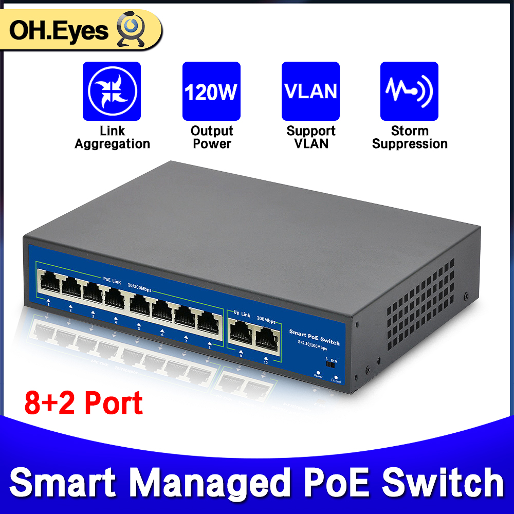 10Port POE Ethernet Switch 52V VLAN 10/100Mbps IEEE 802.3 Af/at Standard Network Switch for CCTV IP Camera Wireless AP 250M