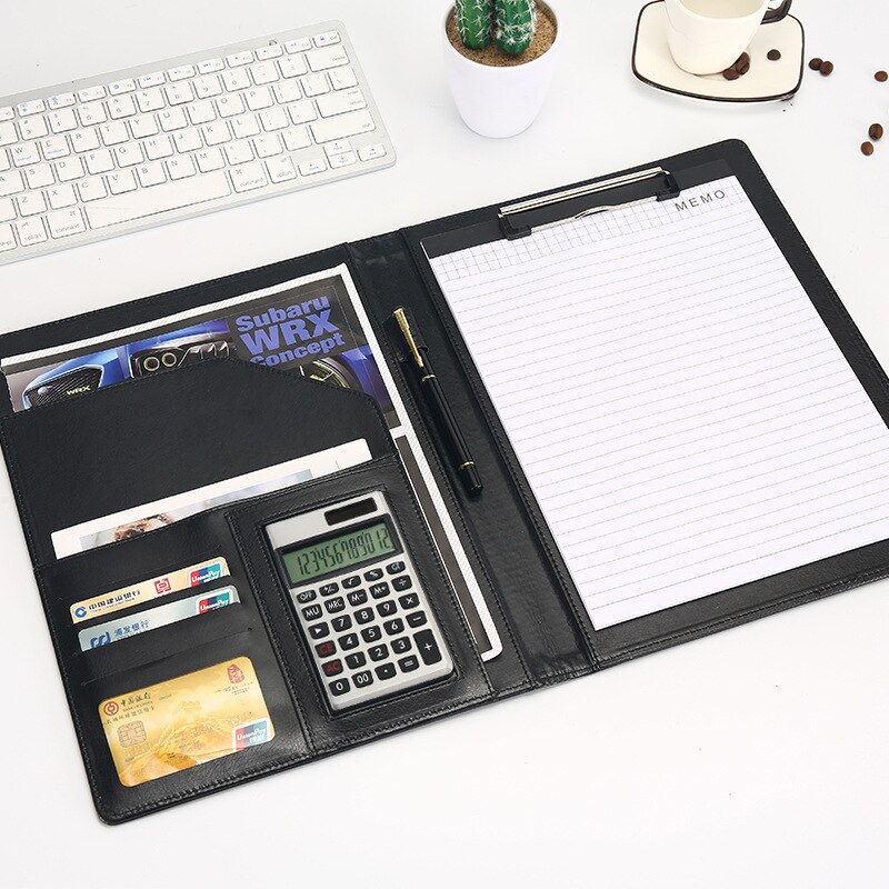 Carpeta de archivos A4 de cuero PU multifunción, calculadora, organizador de escritorio, accesorios de oficina, administrador, almohadilla para documentos, maletín, bolsa Padfolio
