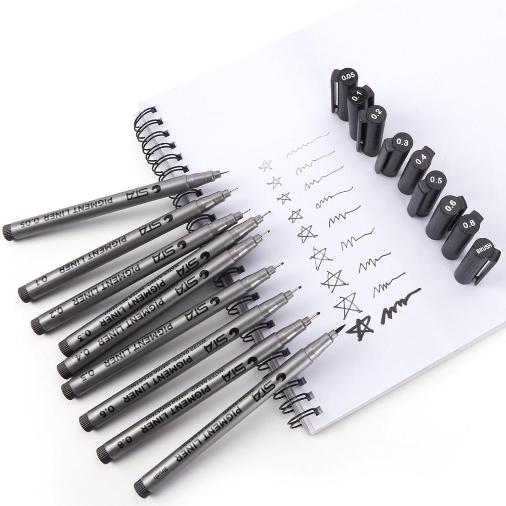 9PCS Sakura Liner Pigma Micron Pens Fineliner Set brush Ink Marker Sketching Pens Black marker Pigment Tip for drawing artist