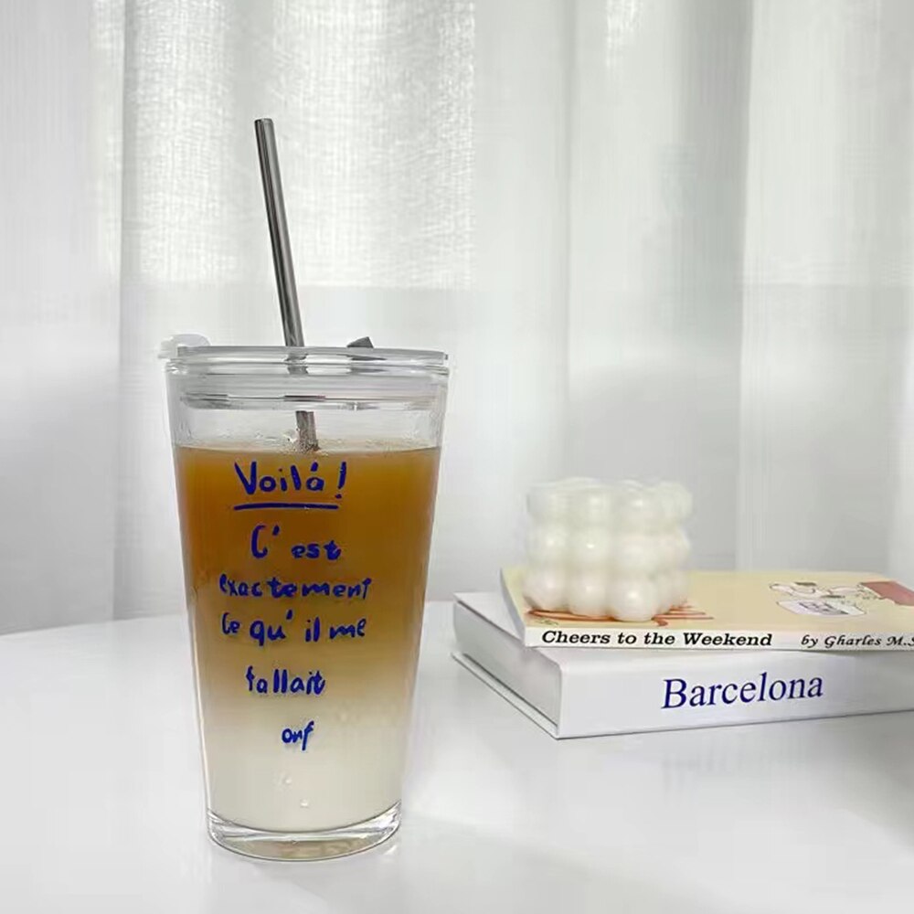 Glas kopp retro fransk stor kapacitet retro flicka brev kaffe glas kopp med lock halm vatten kopp dubbelbottnad kaffe temugg: C rostfritt stål