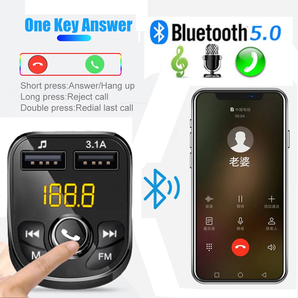 Kit de transmisor FM con Bluetooth 5,0 para coche, reproductor modulador MP3 inalámbrico, manos libres, 12V a 24V, cargador rápido USB Dual Universal 3.1A