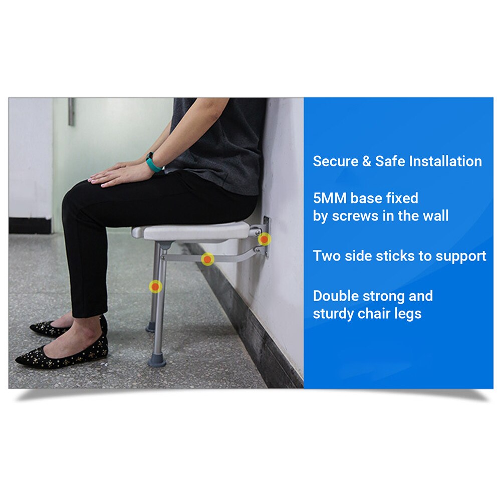 Folding Shower Bench Flip-up Screw-in Bath Seat Wall Mounted Bathroom Chair Stool with Non-Slip Feet Drainage Holes Head Slot