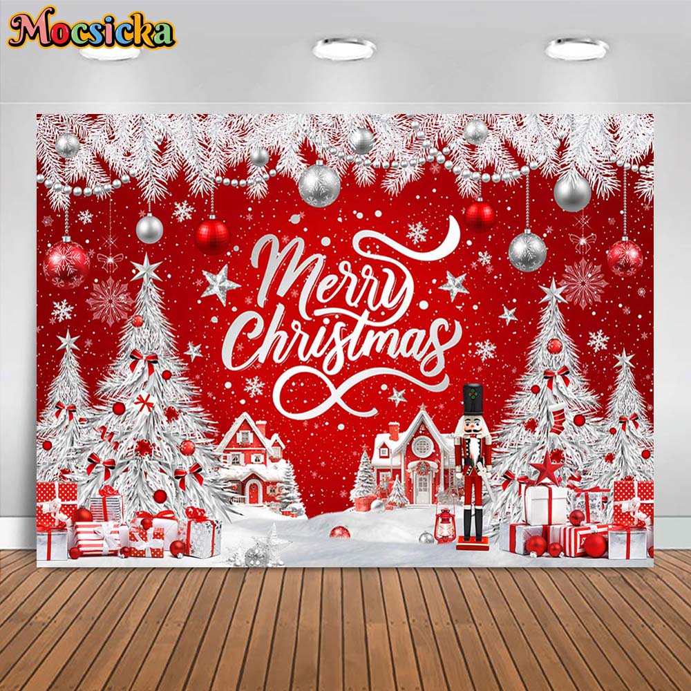 Mocsicka-Merry Christmas Backdrops, parede vermelha, floco de neve, pinheiro de inverno, decorações do partido do Natal, retrato de família, foto do fundo