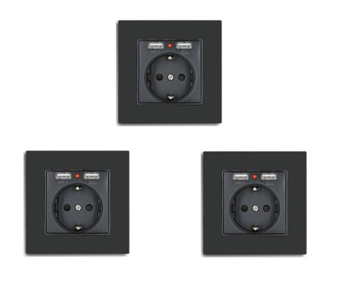 BSEED EU Standard Wall Socket With Double USB Wall Decorative Socket Dual Black Golden White Glass Panel: Black 3 Pieces