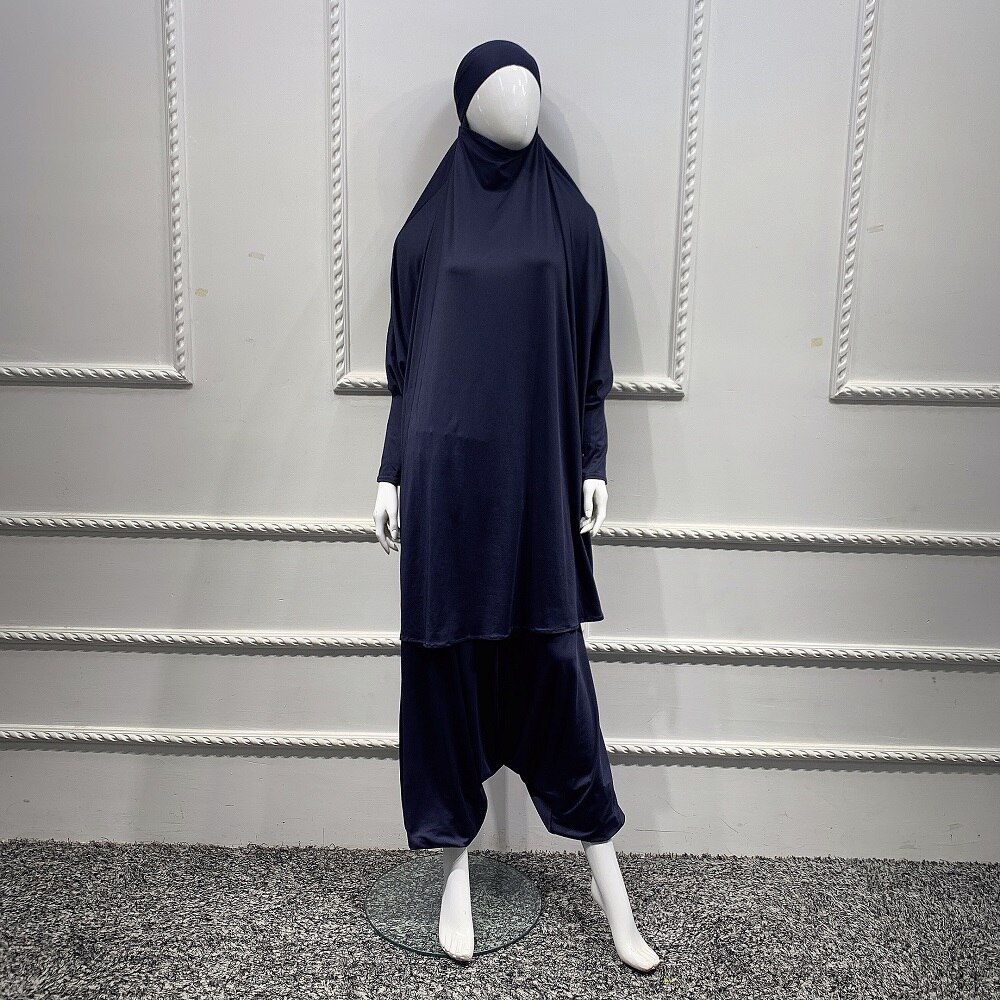 2 sztuka zestaw modlitwa odzież pełna pokrywa sukienka Abaya Eid Ramadan muzułmański islamski długi Khimar Jilbab szaty kobiety workowate spodnie haremki: Dark Blue