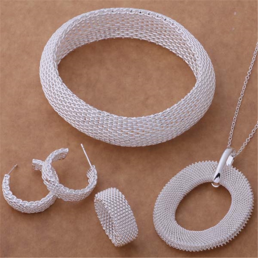 , Wedding zilver kleur sieraden mode nobele vrouwen ketting earring armband ring sieraden klassieke set B028