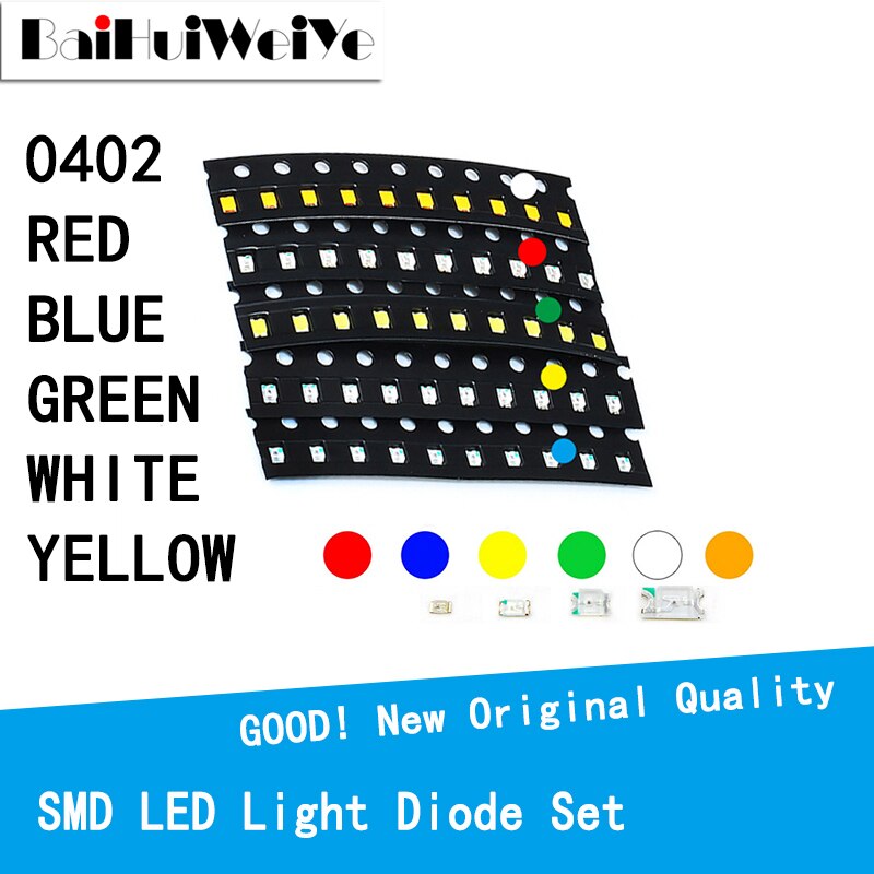 100Pcs/Lote 5 Kleuren 0402 Smd Diy Kit Ultra Led Rood Geel Groen Wit Blauw Licht Emitterende Diode water Clear Led Light Diode Set