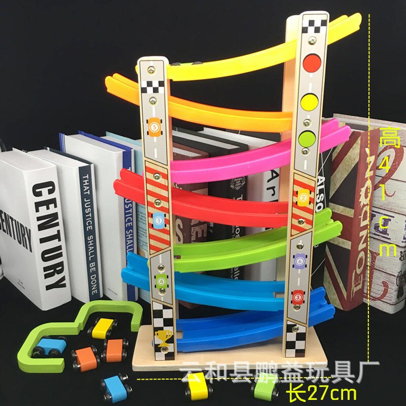 Houten 7-Layer Ramp Race Track & 8 Mini Inertie Auto Glijden Speelgoed Vehicel & Trein Baby Peuter Motor vaardigheid Developmental Kids: 7-layer  8 cars