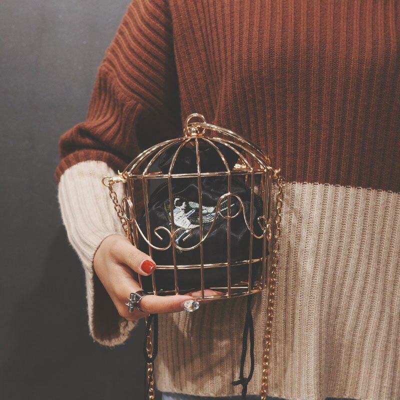 Gouden Kwastje Handtas Vrouwen Birdcage Avondtasje Clutch Metalen Frame Borduurwerk Emmer Vogelkooi Mini Bag Purse: Black