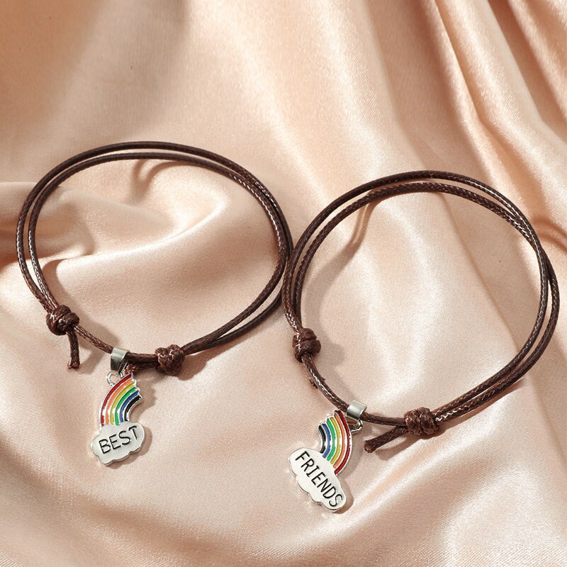 2 Stks/set Beste Vriend Armband Charm Lady Rainbow Hart Graveren Beste Vriend Voor Altijd Touw Armband Vriendschap Bff Sieraden