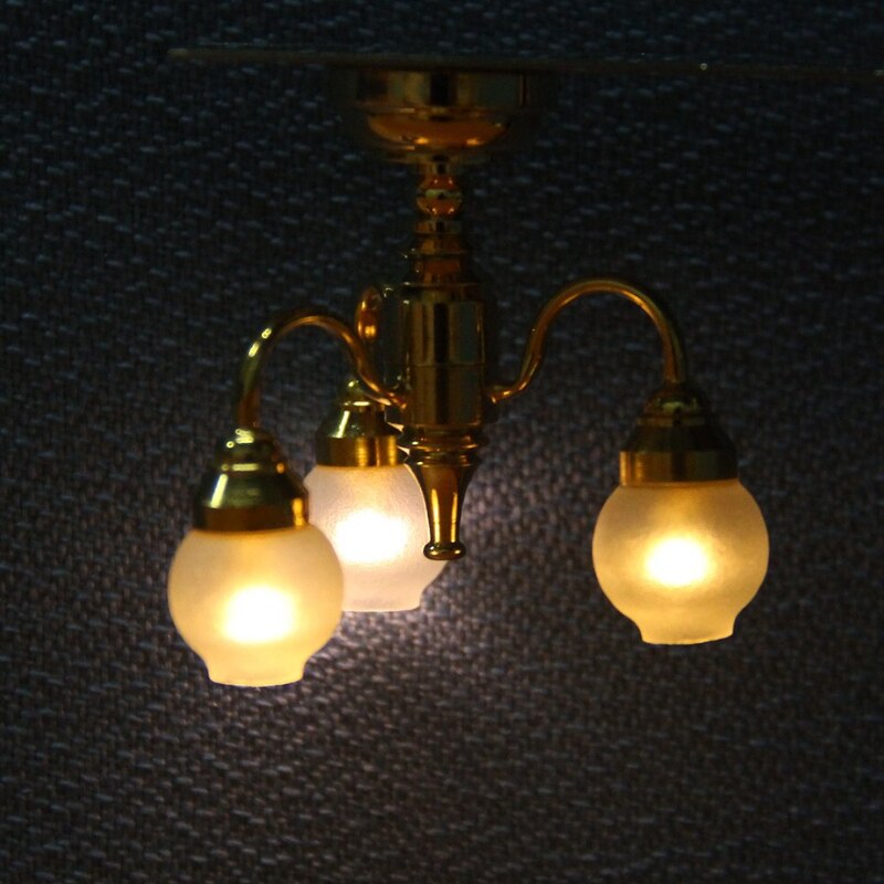 1:12 Dollhouse Messing Kroonluchter 3 Arm Lamp Led Plafond Lamp Glazen Kap
