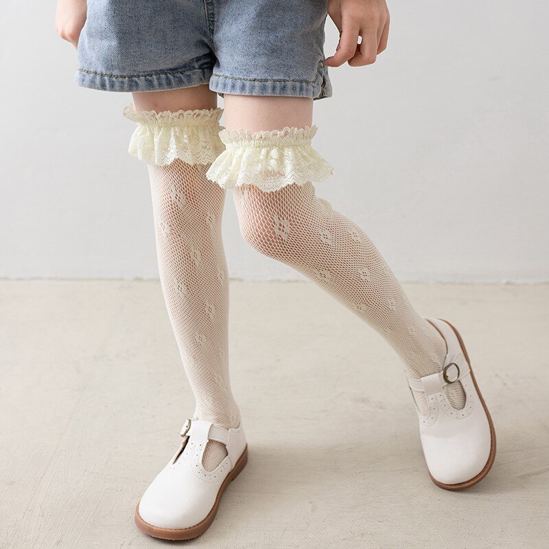 Calcetines hasta la rodilla de encaje para niñas, medias largas de princesa con volantes, malla transpirable, calado, verano, 2022