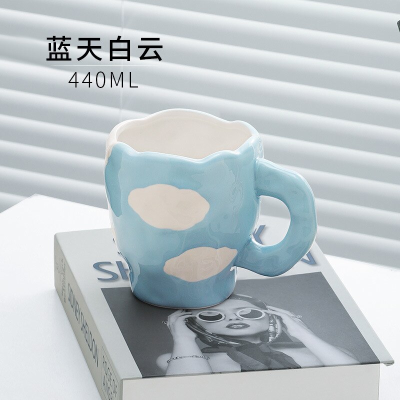Japanese Hand Painted The Blue Sky and White Clouds Coffee Cup With Saucer Ceramic Handmade Tea Cup Saucer Set Cute For Her: Clear