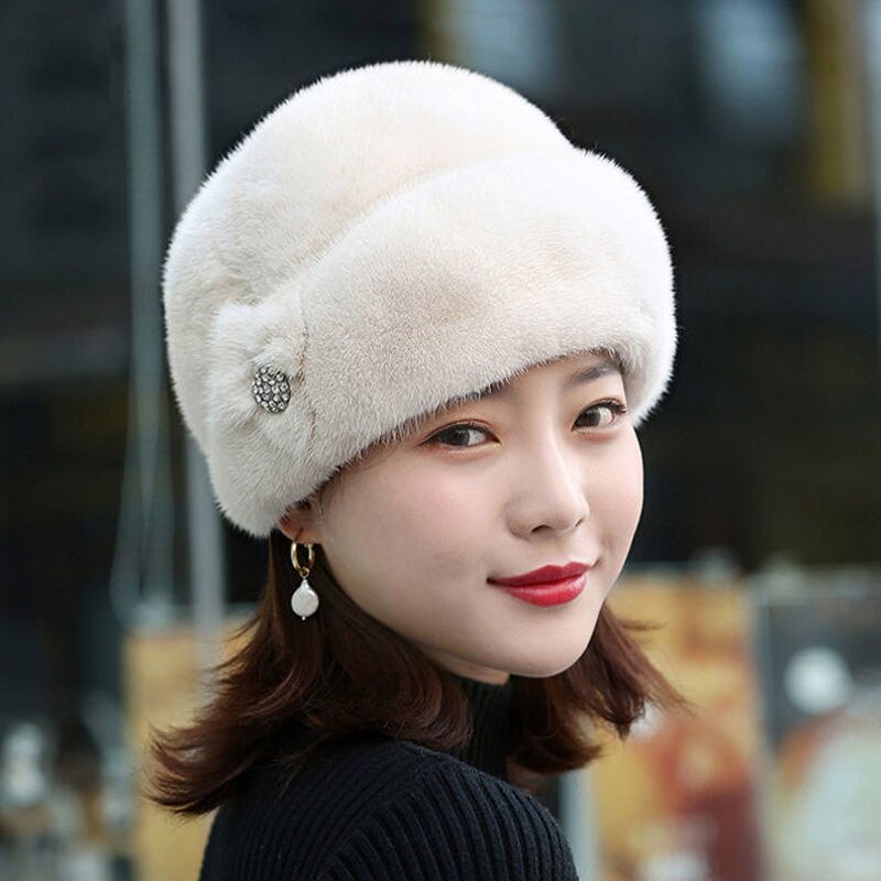 Faux Fur Trimmed Winter Hat for Women Fashionable Outdoor Warm Hats Birthday NIN668: Beige
