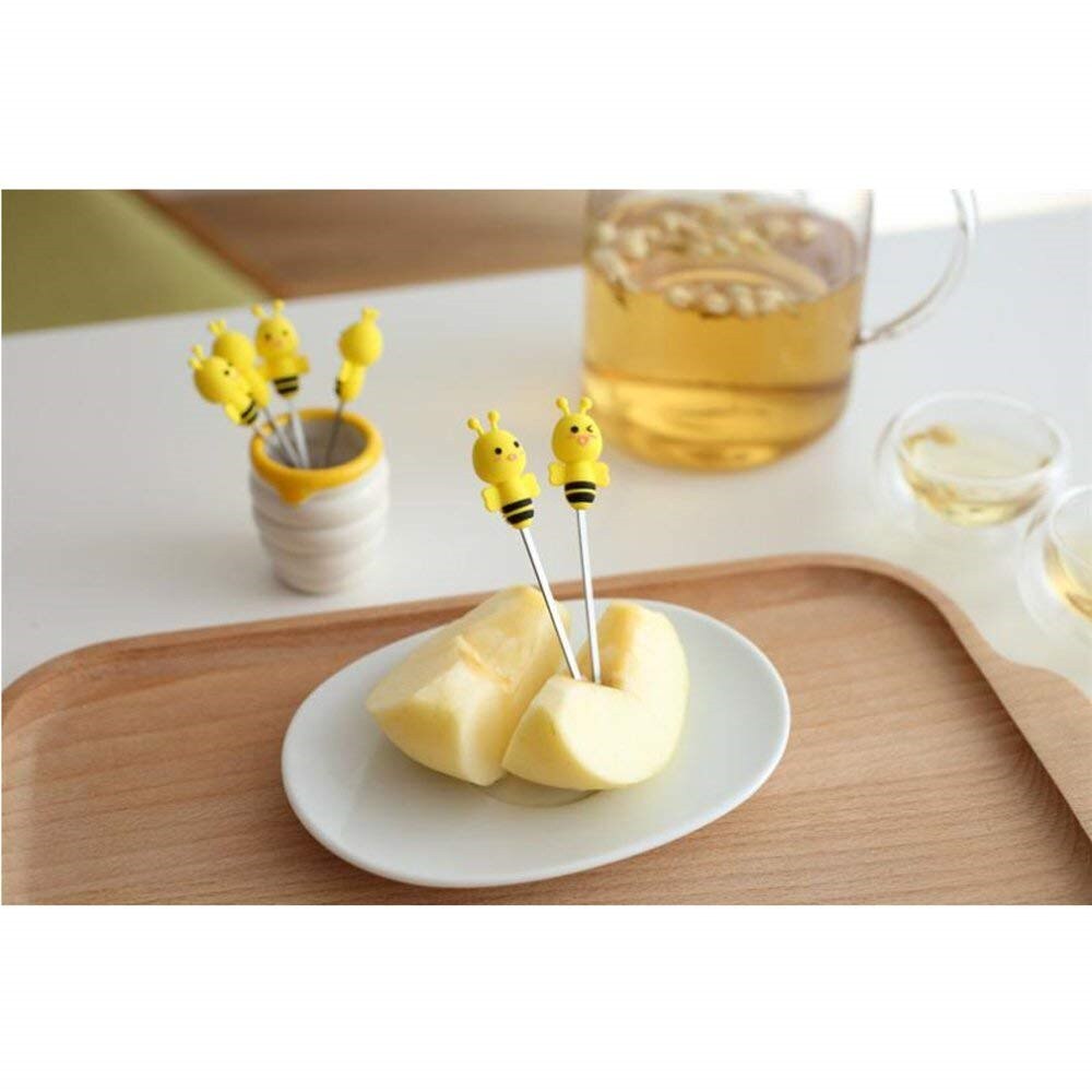 Fourchettes à fruits et abeilles mignonnes avec Pot en céramique | En acier inoxydable, Mini fourchettes à gâteaux et desserts en acier inoxydable, accessoires de cuisine pratiques 6 pièces