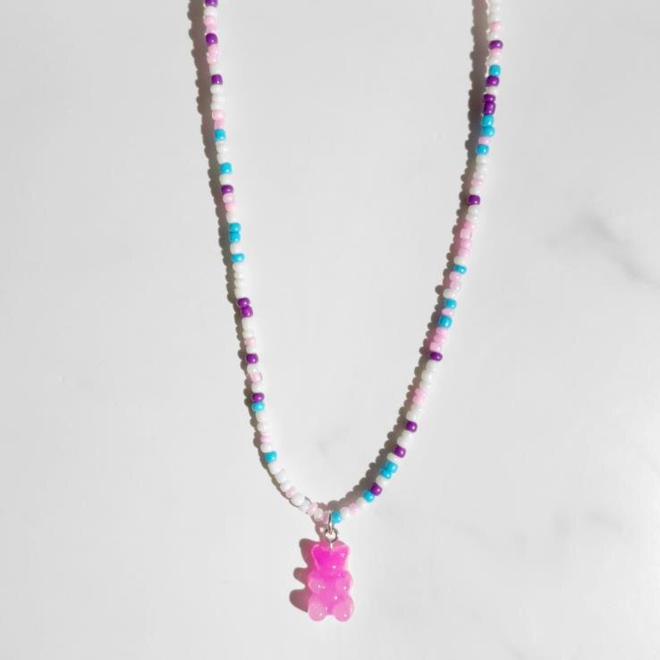 Collier de perles rondes colorées pour femmes, style bohème, mignon, dégradé arc-en-ciel, pendentif ours en résine, à la , bijoux pour filles: pink