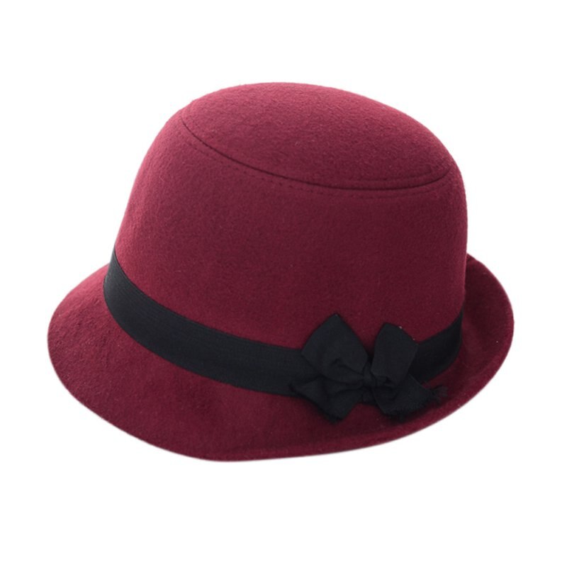 Women Girl Retro Bowknot Beach Felt Wool Fedora Hats Bowler Derby Baseball Caps ZM14s: Wine Red