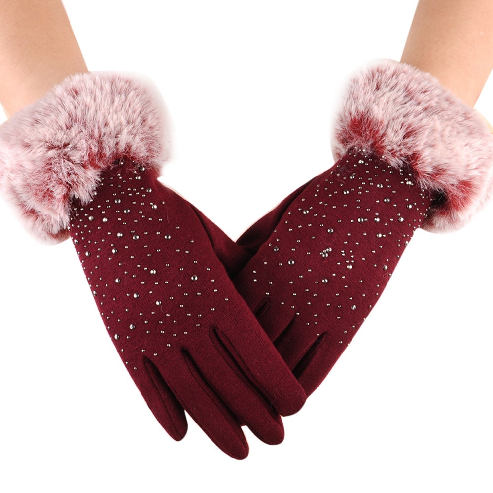 Gants en fausse fourrure épaisse pour femmes, mitaines à écran tactile, à paillettes, en cachemire, chauds pour l&#39;extérieur, hiver: Red