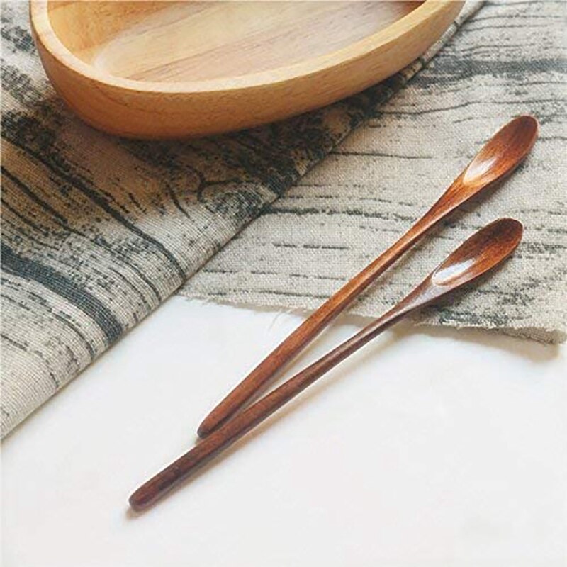 Natural Long Handle Wooden Mixing Spoons Coffee Tea Honey Stirring Serving Utensils Set of 6