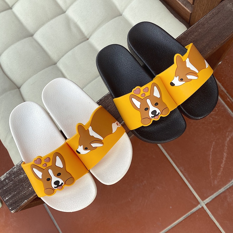 Casual Women Summer Slippers Slide Sandals Beach Slides Flip Flops Cartoon Dog Corgi Non-slip Thick Sole Women Girls Flat Shoes