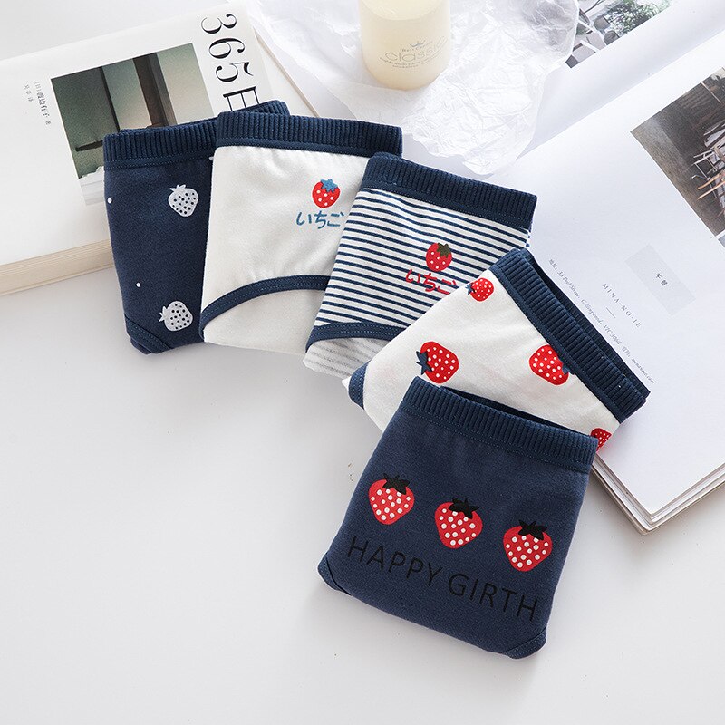 Sous-vêtements en coton bleu imprimé fraise, 6, pièces/ensemble, taille moyenne, entrejambe, culotte Triangle pour enfant et adolescent: 10-14year(33kg-43kg)