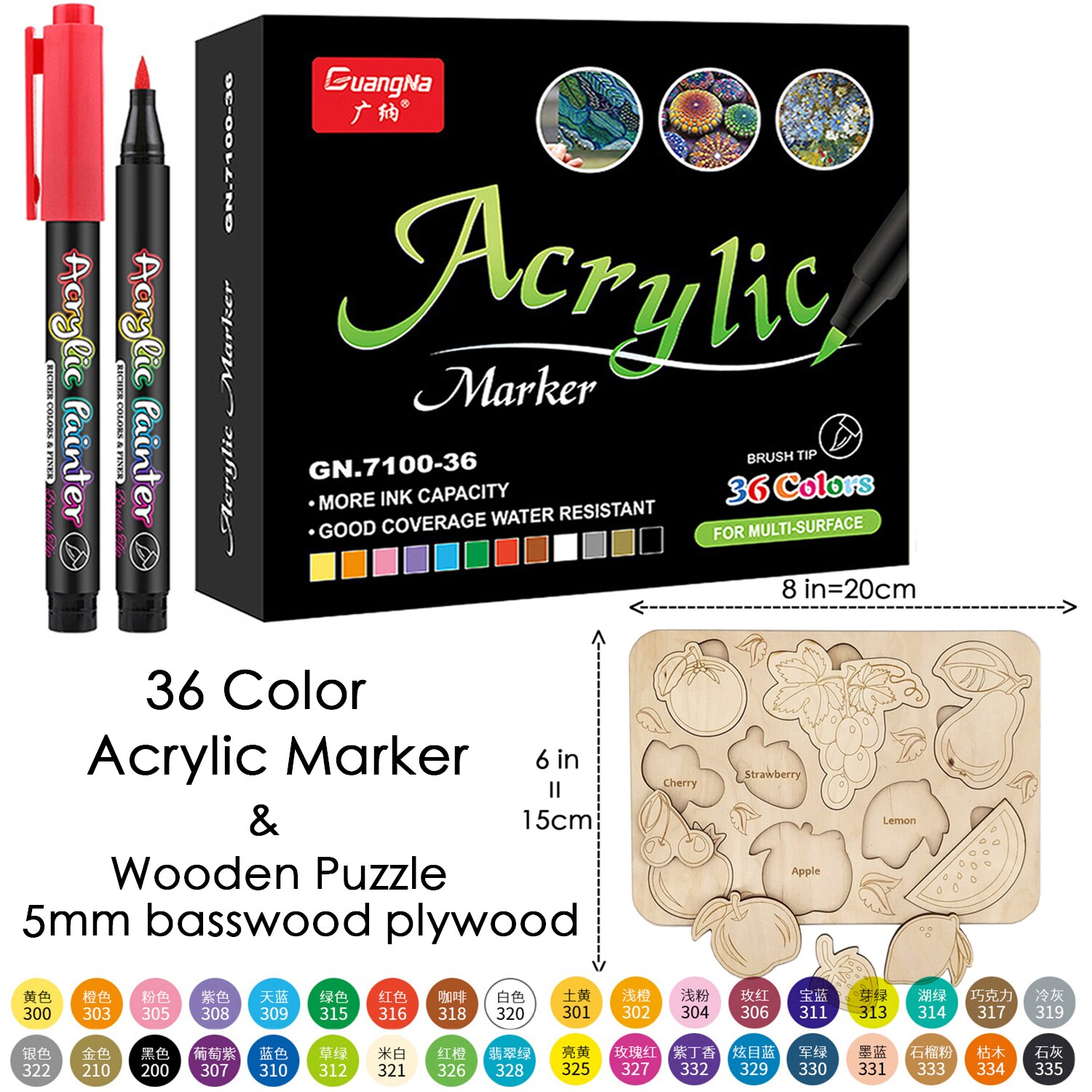 36 Color Sketching Markers, Acrylic Marker for Painting, Acrylic Paint Pen, Brush Art Marker for Fabric Canvas, Rock Painting: 36 Pens-Fruit Jigsaw