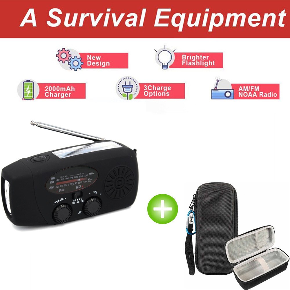 Ready Stock 2000mAh Hand Crank Solar Radios Dynamo Powered AM/FM/NOAA Weather Radio Use Emergency LED Flashlight Power Bank: Black with bag