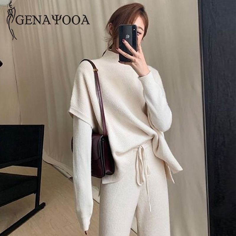 Genayooa Knitted 3 Piece Set Sweater Pants Woman Knitting Wide Leg Pants And Pullover Three Piece Suits Tracksuit Women