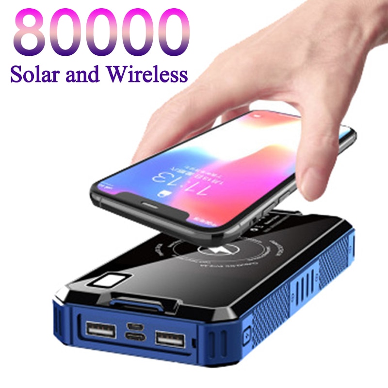 80000Mah Solar Power Bank Draadloze Draagbare Telefoon Solar Batterij Draadloos Opladen Externe Lader Outdoor Reizen Powerbank