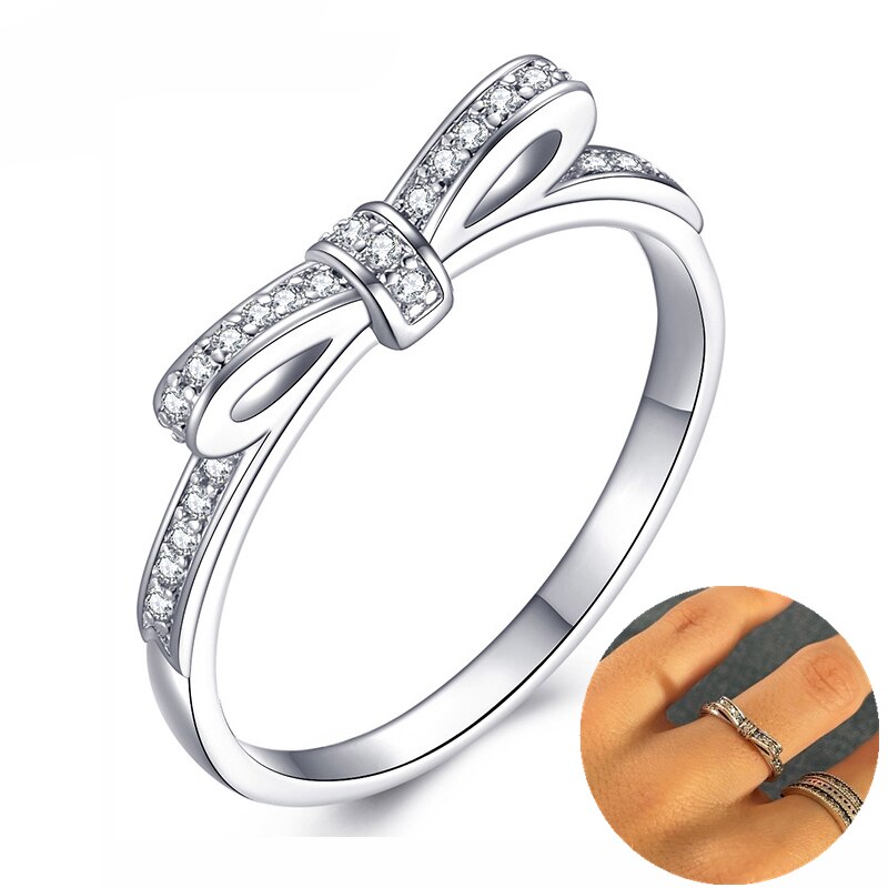 Klassisk stil stabelbar ring sløjfe knude blomster blad ring metal zirconia krystal finger lucky ring kvinde & #39 ;s bryllup fest smykker