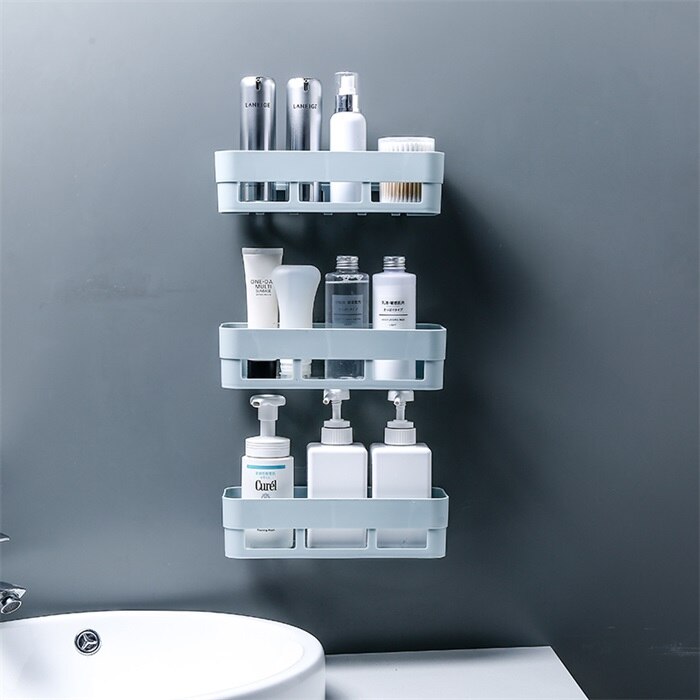 Bathroom Accessories Storage Shelf & Rack Waterproof Floating Shelf Home Decoration Kitchen Free Punching Wall Hanging H1148: blue 3 pieces