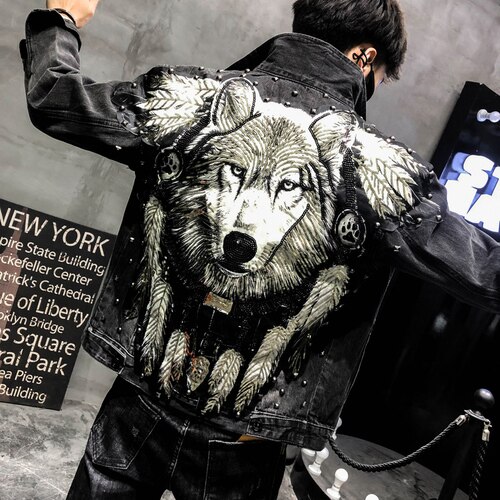 Yasuguoji punk stil roman ulv broderet nitte jean jakke mænd denim jakker streetwear slank sort jakke til mænd: M