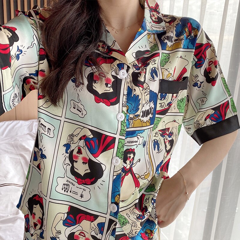 Pyjama drôle printemps et été pour femmes à manches courtes et pantalons longs 2 pièces ensembles de pyjama décontractés pyjama femme vêtements de nuit en soie